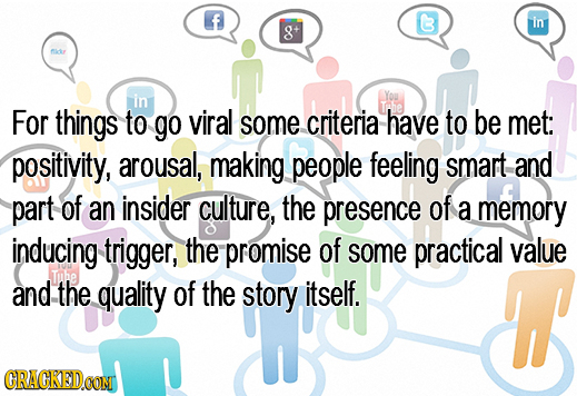E in Yo For things to go viral some criteria have to be met: positivity, arousal, making people feeling smart and part of an insider culture, the pres