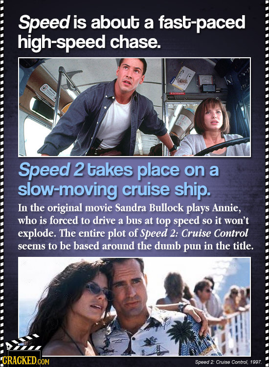 Speed is about a fast-paced h-speed chase. Speed 2 takes place on a slow-moving cruise ship. In the original movie Sandra Bullock plays Annie, who is