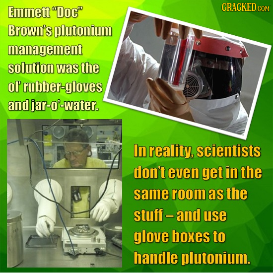 Emmett Doc CRACKEDO COM Brown's plutonium management solution was the ol' rubber-gloves and djar-O'-water. In reality, scientists don't even get in