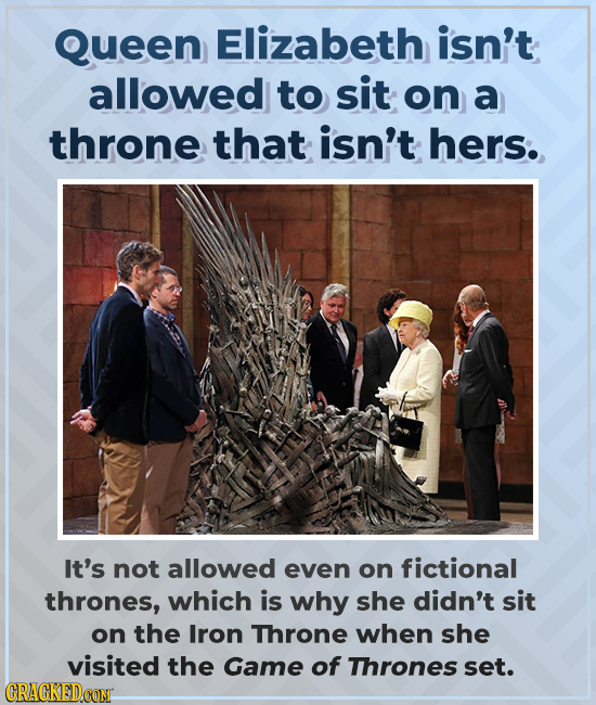 Queen Elizabeth isn't allowed to sit on a throne that isn't hers. It's not allowed even on fictional thrones, which is why she didn't sit on the Iron