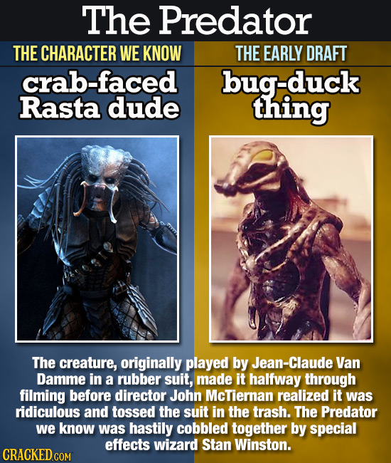 The Predator THE CHARACTER WE KNOW THE EARLY DRAFT crab-faced bug-duck Rasta dude thing The creature, originally played by Jean-Claude Van Damme in a