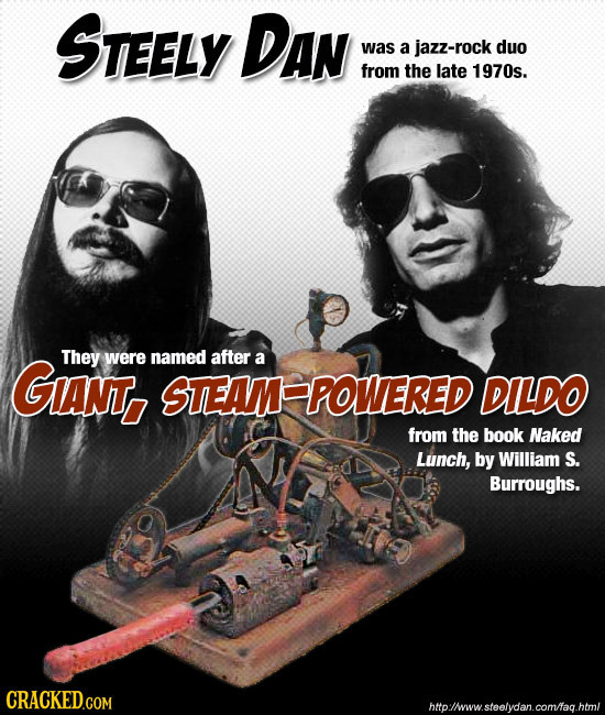 STEELY DAN was a jazz-rock duo from the late 1970s. GANT, They were named after a STEAM POWERED DILDO from the book Naked Lunch, by William S. Burroug