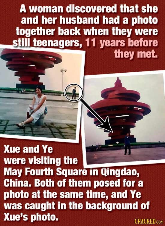A woman discovered that she and her husband had a photo together back when they were still teenagers, 11 years before they met. Xue and Ye were visiti