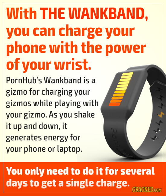 With THE WANKBAND, you can charge your phone with the power of your wrist. PornHub's Wankband is a gizmo for charging your gizmos while playing with y