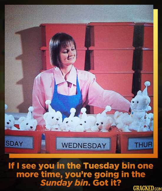 SDAY WEDNESDAY THUR If I see you in the Tuesday bin one more time, you're going in the Sunday bin. Got it?