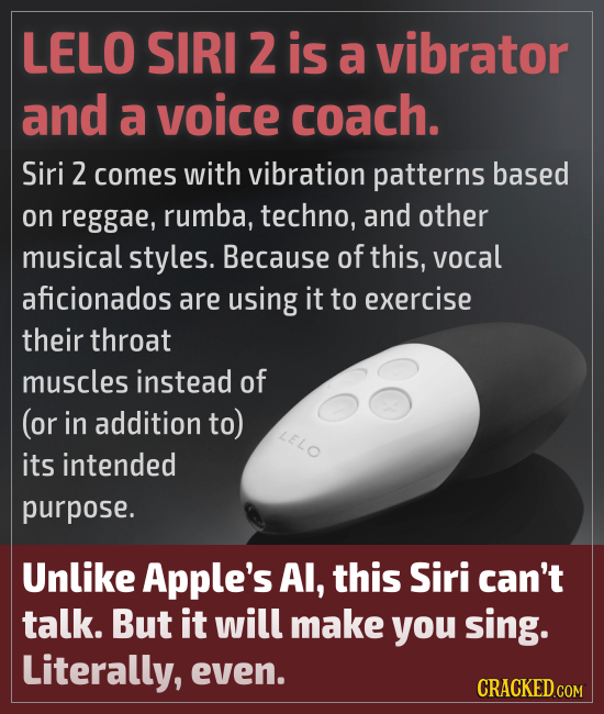 LELO SIRI 2 is a vibrator and a voice coach. Siri 2 comes with vibration patterns based on reggae, rumba, techno, and other musical styles. Because of