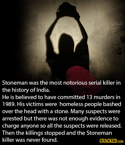 Stoneman was the most notorious serial killer in the history of India. He is believed to have committed 13 murders in 1989. His victims were homeless
