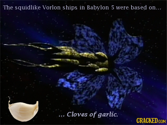 The squidlike Vorlon ships in Babylon 5 were based on... .. Cloves of garlic. 