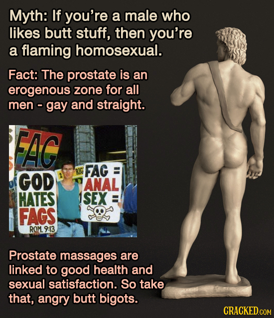 Myth: If you're a male who likes butt stuff, then you're a flaming homosexual. Fact: The prostate is an erogenous zone for all men - gay and straight.