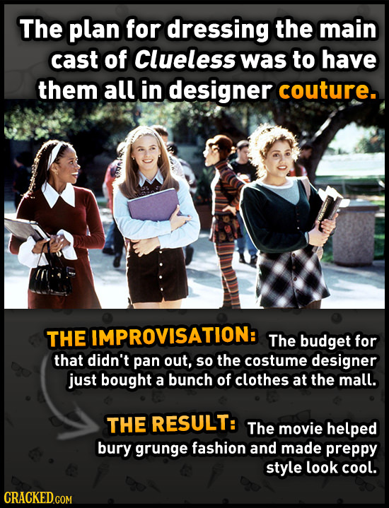 The plan for dressing the main cast of Clueless was to have them all in designer couture. THE IMPROVISATION: The budget for that didn't pan out, So th