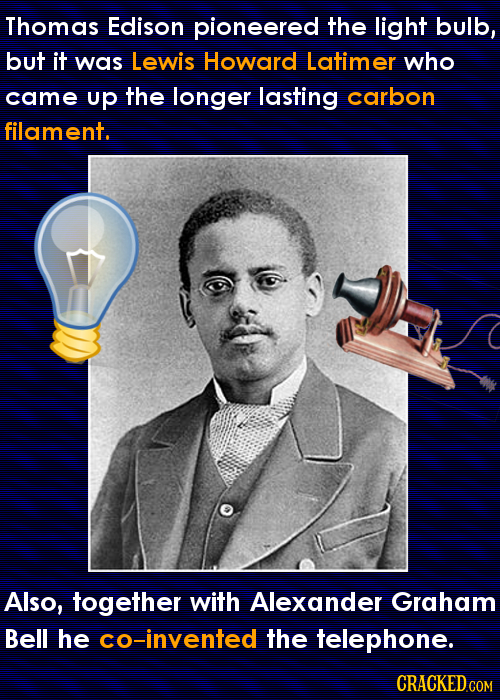 Thomas Edison pioneered the light bulb, but it was Lewis Howard Latimer who came up the longer lasting carbon filament. Also, together with Alexander