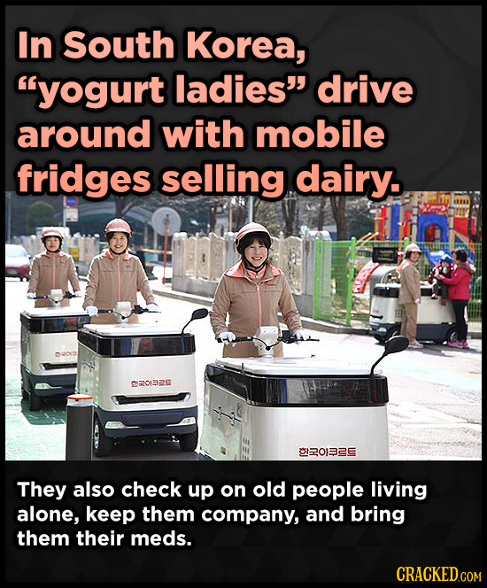 In South Korea, yogurt ladies drive around with mobile fridges selling dairy. 2O1DZE I2ORZE They also check up on old people living alone, keep them