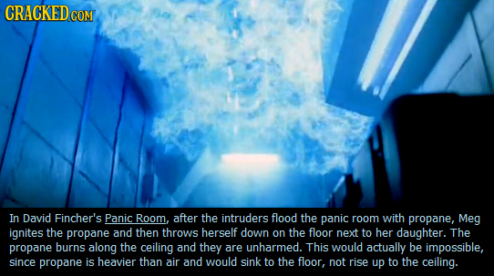 CRACKEDcOM In David Fincher's Panic Room, after the intruders flood the panic room with propane, Meg ignites the propane and then throws herself down