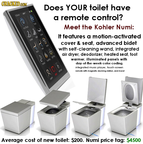 Does YOUR toilet have a remote control? Meet the Kohler Numi: gfas It features a motion-activated cover & seat, advanced bidet with self-cleaning wand