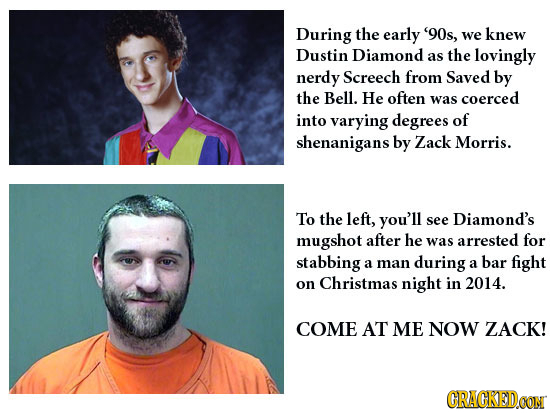 During the early '90s, knew we Dustin Diamond as the lovingly nerdy Screech from Saved by the Bell. He often was coerced into varying degrees of shena