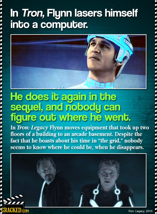 In Tron, Flynn lasers himself into a computer. He does it again in the sequel, and nobody can figure out where he went. In Tron: Legacy Flynn moves eq