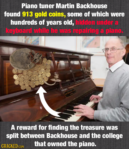 Piano tuner Martin Backhouse found 913 gold coins, some of which were hundreds of years old, hiddlen under a keyboard while he IMAS repairing a piano