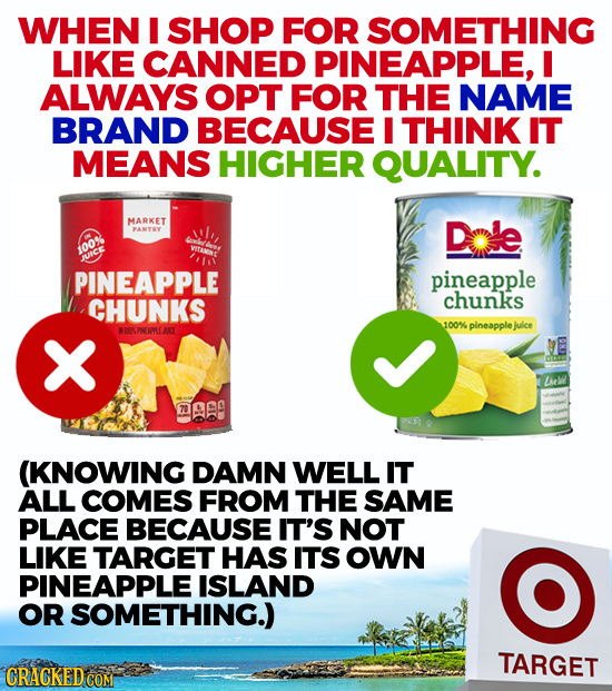WHEN I SHOP FOR SOMETHING LIKE CANNED PINEAPPLE, I ALWAYS OPT FOR THE NAME BRAND BECAUSE THINK IT MEANS HIGHER QUALITY. MARKET PANTRY Dale 100% JUICE