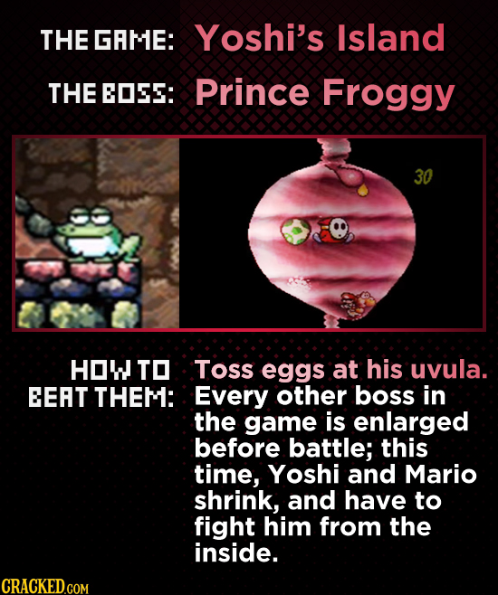 THE GRME: Yoshi's Island THE EOES: Prince Froggy 30 HOW TO Toss eggs at his uvula. EEAT THEM: Every other boss in the game is enlarged before battle; 
