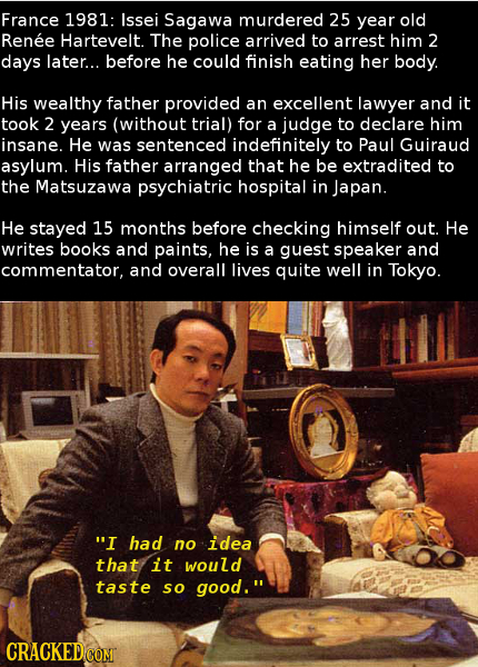 France 1981: Issei Sagawa murdered 25 year old Renee Hartevelt. The police arrived to arrest him 2 days later... before he could finish eating her bod