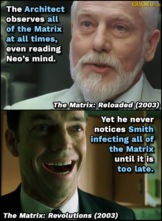 The Architect observes all of the Matrix at all times, even reading Neo's mind. The Matrix: Reloaded (2003) Yet he never notices Smith infecting all o
