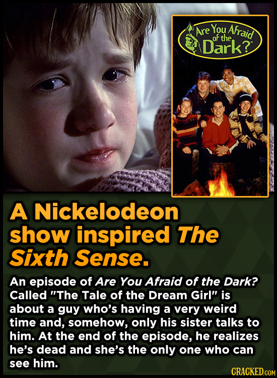 You Afraid Are oF the Dark? A Nickelodeon show inspired The Sixth Sense. An episode of Are You Afraid of the Dark? Called The Tale of the Dream Girl