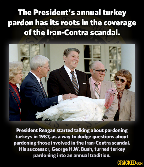 The President's annual turkey pardon has its roots in the coverage of the Iran-Contra scandal. President Reagan started talking about pardoning turkey