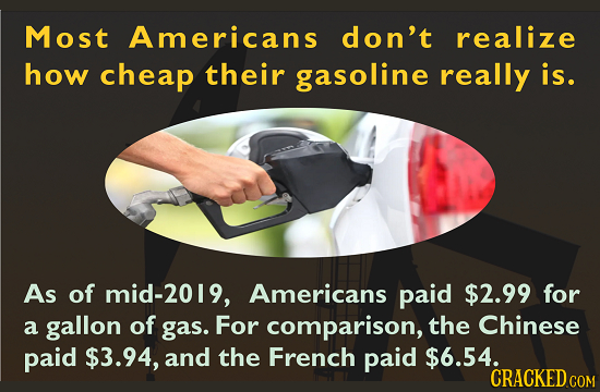 Most Americans don't realize how cheap their gasoline really is. As of mid-2019, Americans paid $2.99 for a gallon of gas. For comparison, the Chinese