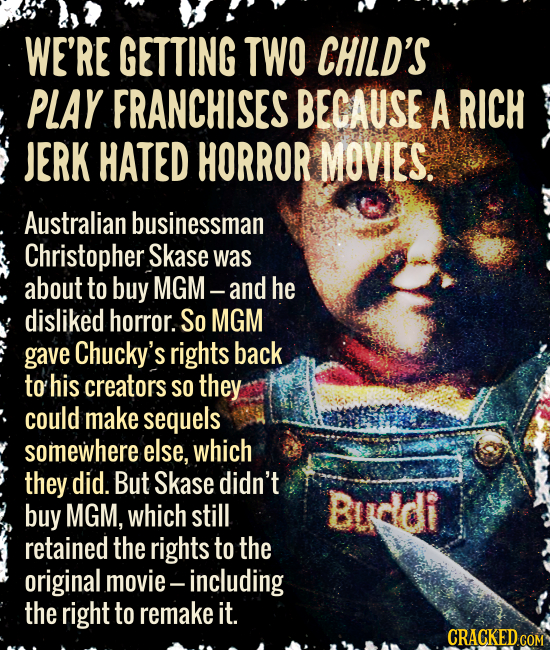 WE'RE GETTING TWO CHILD'S PLAY FRANCHISES BECAUSE A RICH JERK HATED HORROR MOVIES. Australian businessman Christopher Skase was about to buy MGM- and
