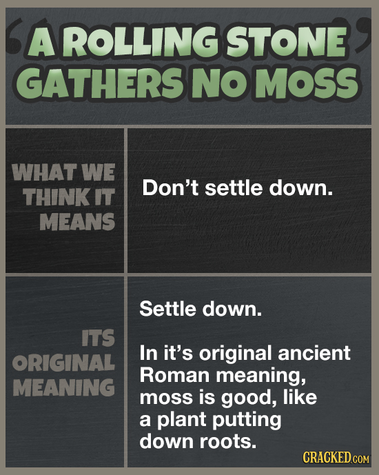 A ROLLING STONE GATHERS NO MOSS WHAT WE Don't settle down. THINK IT MEANS Settle down. ITS In it's original ancient ORIGINAL Roman meaning, MEANING mo
