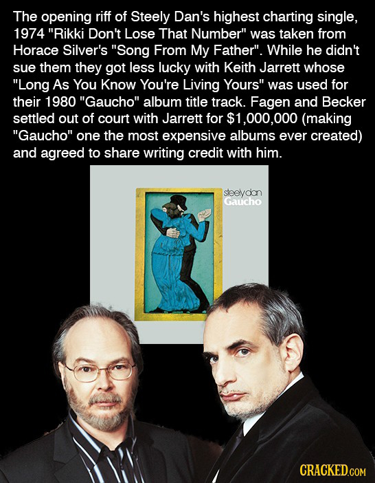 The opening riff of Steely Dan's highest charting single, 1974 Rikki Don't Lose That Number was taken from Horace Silver's Song From My Father''.