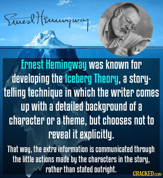 Euest rlHeunmqwy Ernest Hemingway was known for developing the Iceberg Theory, a story- telling technique in which the writer comes up with a detailed