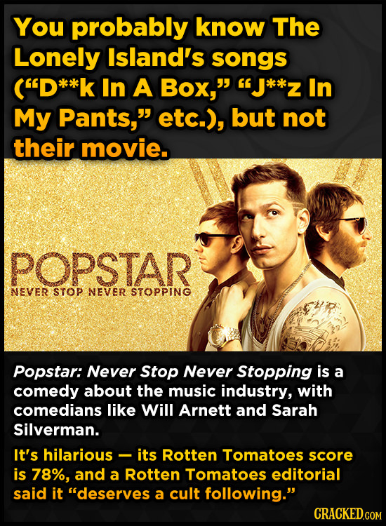 You probably know The Lonely Island's songs (D**l In A Box, J*k*z In My Pants, etc.), but not their movie. POPSTAR NEVER STOP NEVER STOPPING Popst
