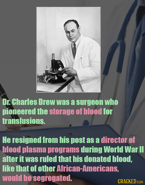 JO Dr. Charles Drew was a surgeon who pioneered the storage of blood for transfusions. He resigned from his post as a director of blood plasma program