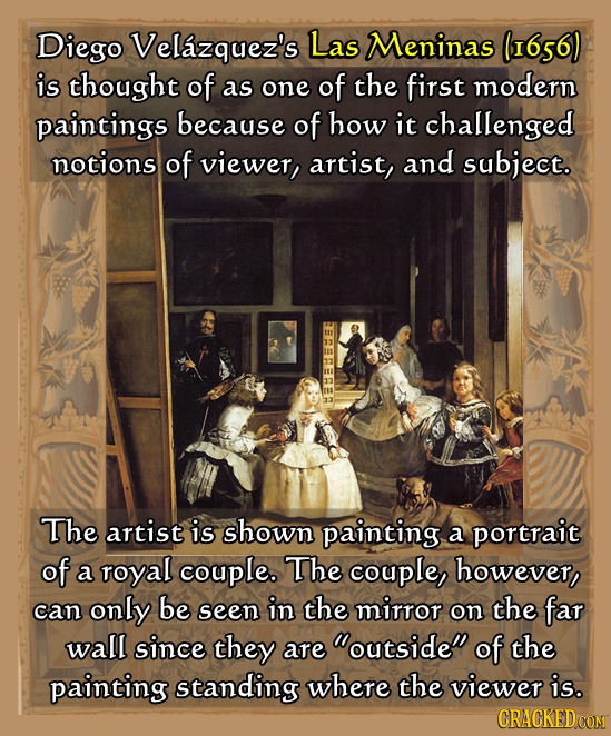 Diego Velazquez's Las Meninas (I656) is thought of as one of the first modern paintings because of how it challenged notions of viewer, artist, and su