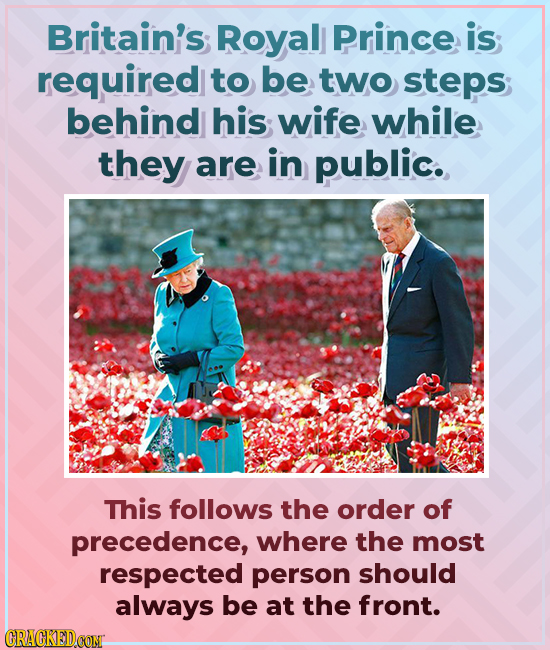 Britain's Royal Prince is required to be two steps; behind his wife while they are in public. This follows the order of precedence, where the most res