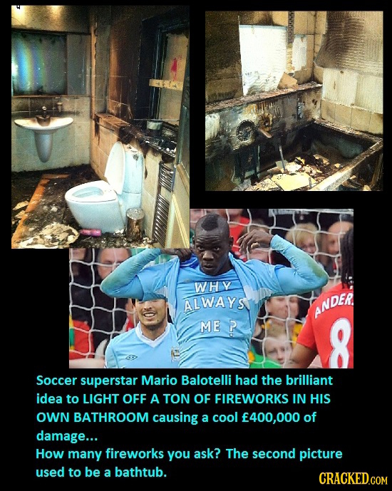 WHV ALWAYS ANDER ME P Soccer superstar Mario Balotelli had the brilliant idea to LIGHT OFF A TON OF FIREWORKS IN HIS OWN BATHROOM causing a cool 400,0