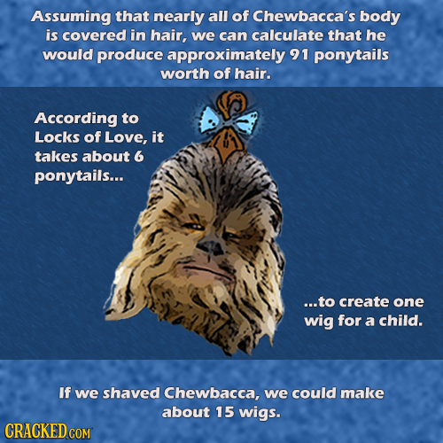 Assuming that nearly all of Chewbacca's body is covered in hair, we can calculate that he would produce approximately 91 ponytails worth of hair. Acco