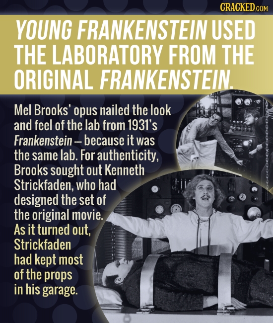 CRACKED.COM YOUNG FRANKENSTEIN USED THE LABORATORY FROM THE ORIGINAL FRANKENSTEIN. Mel Brooks' opus nailed the look and feel of the lab from 1931's Fr