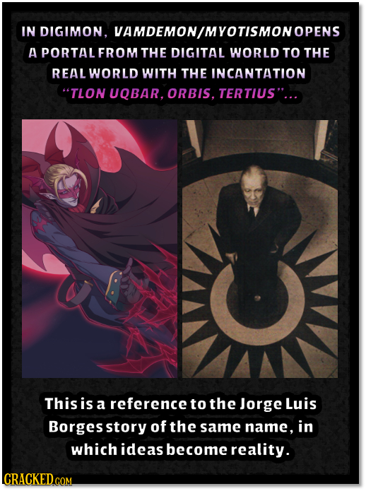 IN DIGIMON. VAMDEMON/MYOTISMONOPENS A PORTAL FROM THE DIGITAL WORLD TO THE REAL WORLD WITH THE INCANTATION TLON UQBAR, ORBIS, TERTIUS... This is a r