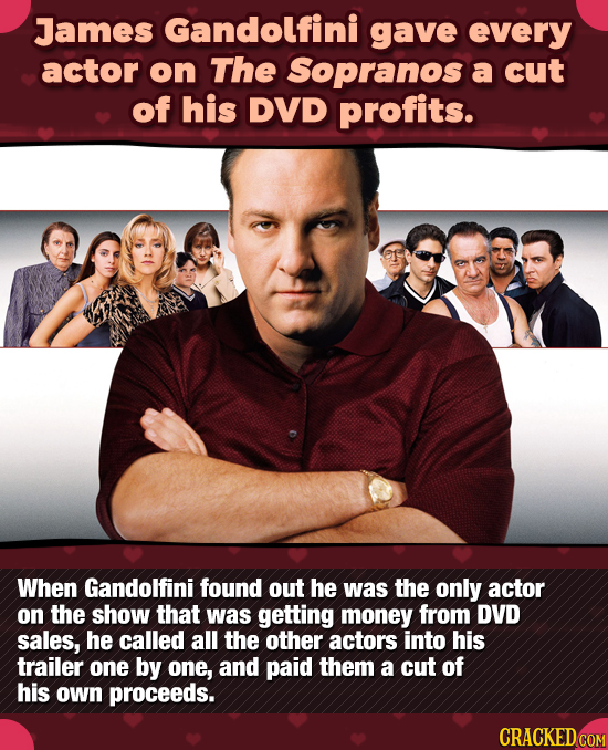 James Gandolfini gave every actor on The Sopranos a cut of his DVD profits. When Gandolfini found out he was the only actor on the show that was getti