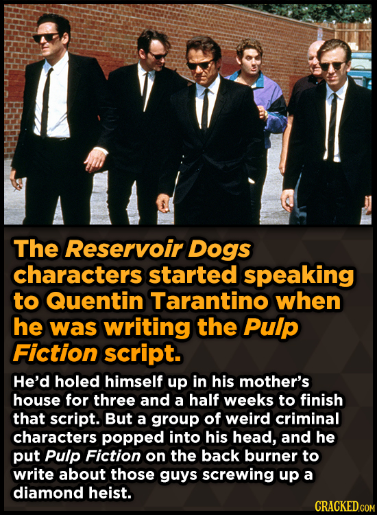 The Reservoir Dogs characters started speaking to Quentin Tarantino when he was writing the Pulp Fiction script. He'd holed himself up in his mother's