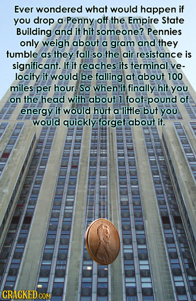 Ever wondered what would happen if you drop a Penny off the Empire State Building and it hit someone? Pennies only weigh about a gram and they tumble