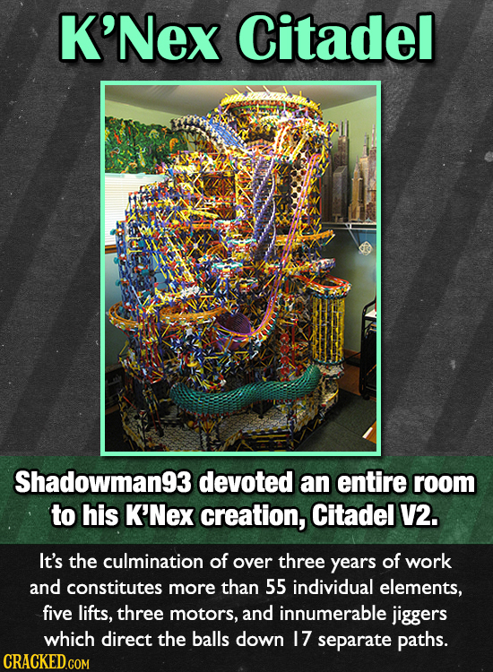 K'Nex Citadel Shadowman93 devoted an entire room to his K'Nex creation, Citadel V2. It's the culmination of over three years of work and constitutes m