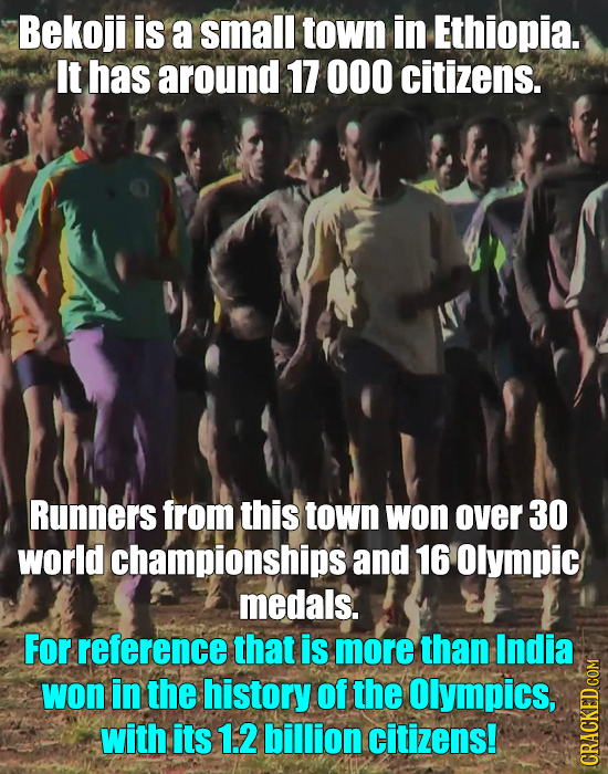 Bekoji is a small town in Ethiopia. It has around 17 OOO citizens. Runners from this town won over 30 world championships and 16 Olympic medals. For r