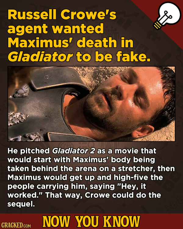 13 Little Things You Didn’t Know About Movies And A Bunch Of Other Subjects - Russell Crowe's agent wanted Maximus' death in Gladiator to be fake.