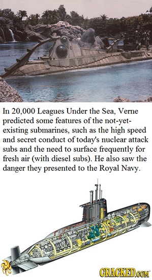 In 20,000 Leagues Under the Sea. Verne predicted some features of the not-yet- existing submarines, such as the high speed and secret conduct of today