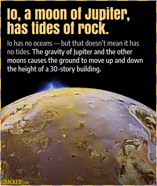 lO, a moon of Jupiter, has tides of rock. lo has no oceans- but that doesn't mean it has no tides. The gravity of Jupiter and the other moons causes t