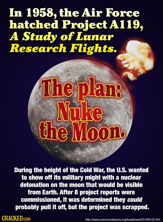 In 1958, the Air Force hatched Project A119, A Study ofLunar Research Flights. The plan: Nuke the Moon. During the height of the Cold War, the U.S. wa