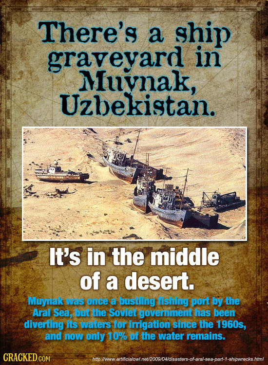 There's a ship graveyard in Muynak, Uzbekistan. It's in the middle of a desert. Muynak was once a bustling fishing port by the Aral Sea, but the Sovie